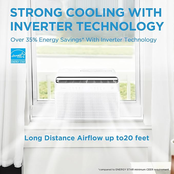 Midea 10,000 BTU U-Shaped Smart Inverter Window Air Conditioner–Cools up to 450 Sq. Ft., Ultra Quiet with Open Window Flexibility, Works with Alexa/Google Assistant, 35% Energy Savings, Remote Control